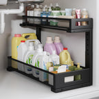 1 Pack 19IN Depth Under Sink Storage Organizer, Large 2-Tier Elegant Mesh Pull Out Shelf for Kitchen and Bathroom Cabinet Organization, L-Shaped and Adjustable Height Design-Black