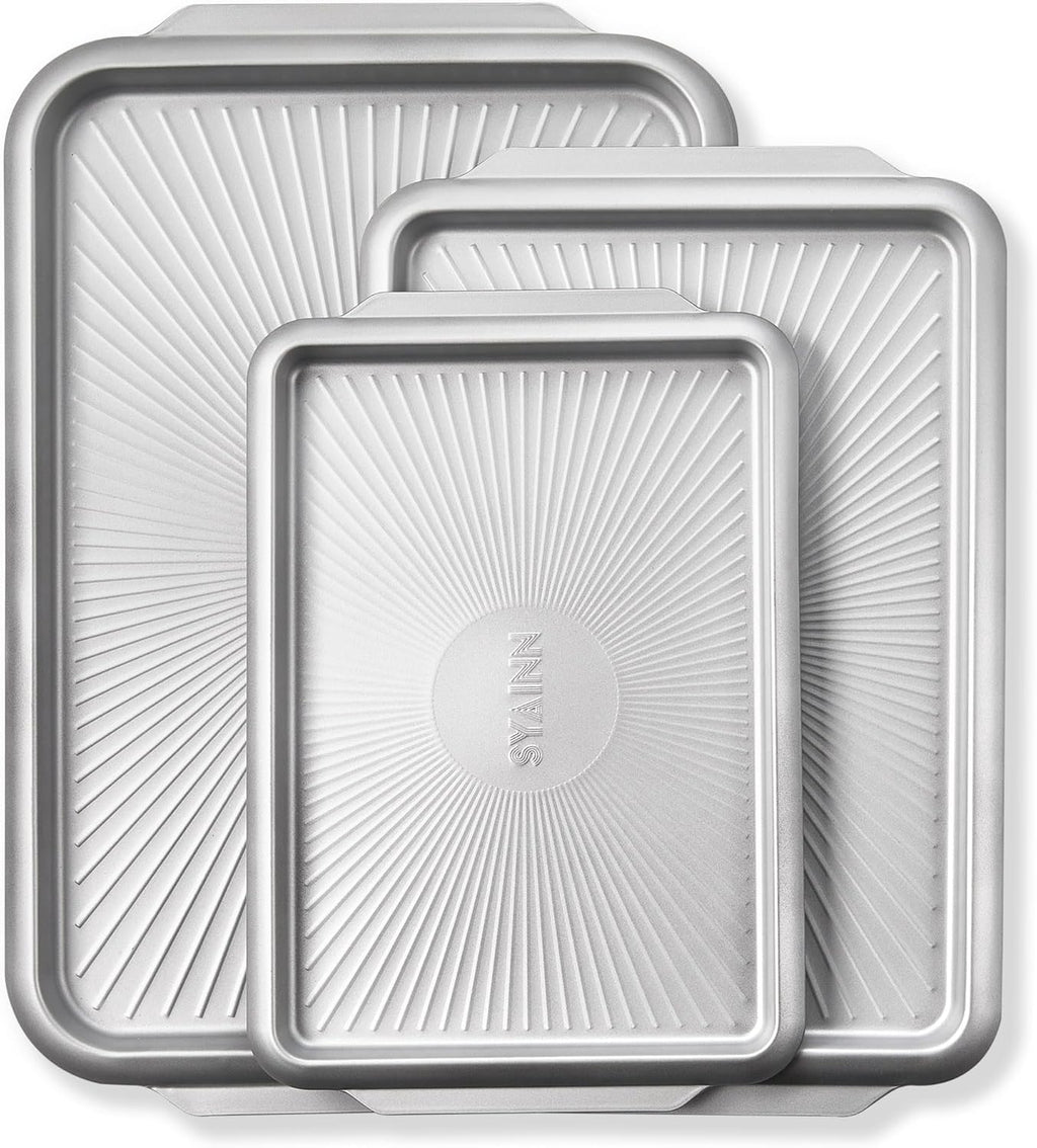 SYAINN Non-stick Ceramic Baking Sheet Set, Pack of 3 - Aluminum Steel Cookie Sheets for Baking - Includes Half/Quarter/Jelly Roll Pans - Warp Resistant, Toxic, PTFE & PFOA Free - Sliver