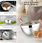E-far Mixing Bowls with Lids Set, 7-Piece Stainless Steel Metal Mixing Bowls with Grater Attachments, Size 4.6, 3.5, 2.6, 2, 1.5, 1, 0.7QT, Nesting Design & Khaki Airtight Lids, For Cooking/Serving