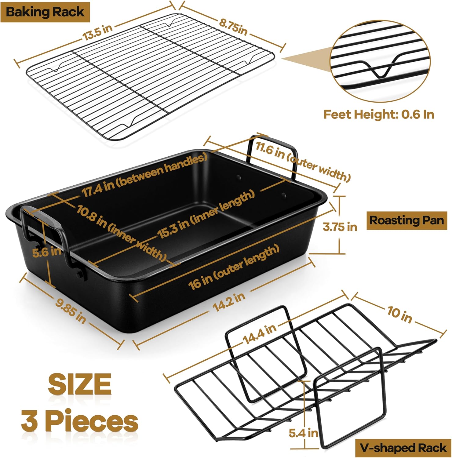 P&P CHEF 16" Roaster Roasting Pan with Baking Rack and V-shaped Rack, Stainless Steel Rectangular Lasagna Pan with Handles for Turkey Chicken, Healthy & Dishwasher Safe, 3 Pieces, Black