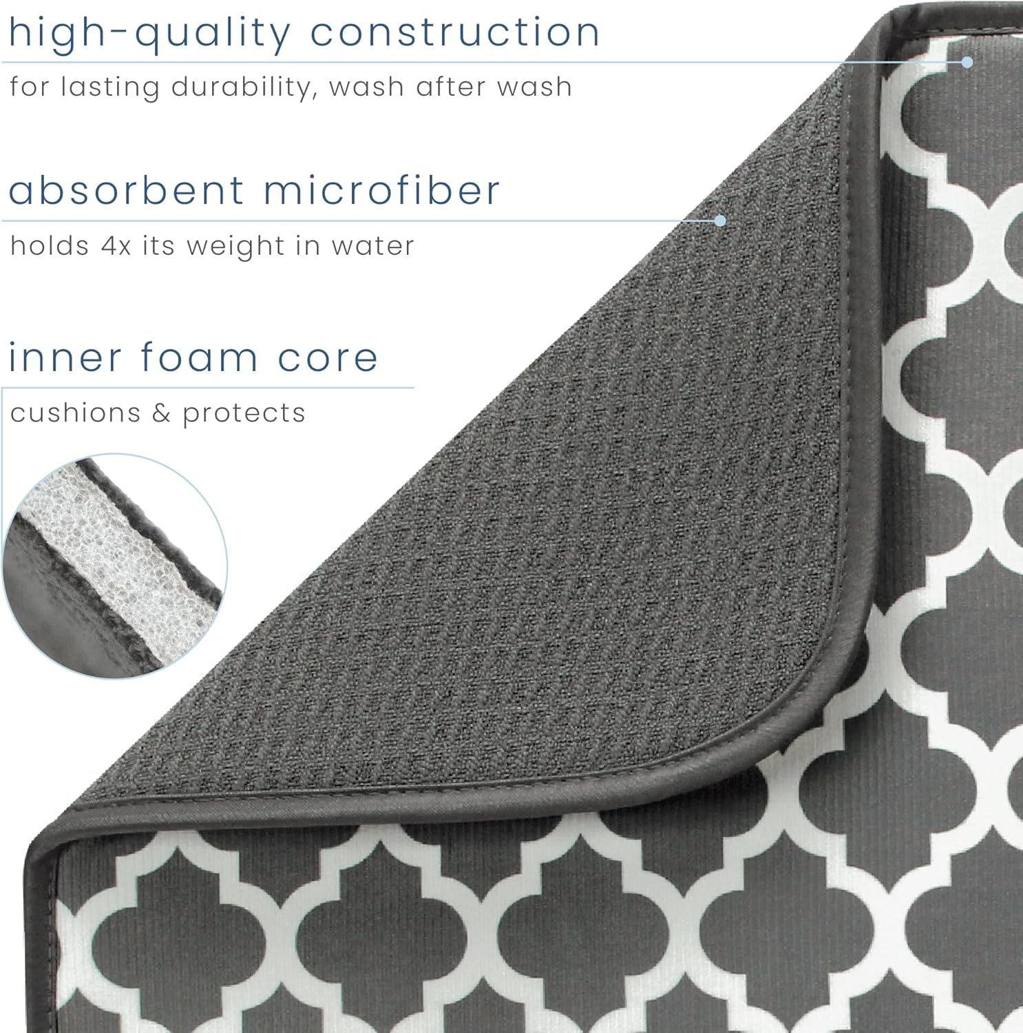 S&T INC. Dish Drying Mat XL, 18” x 24”, Absorbent Microfiber Kitchen Counter Mat, Dish Drying Pad for Dishes, Utensils, Pots and Pans, Extra Large, Pewter Grey Trellis