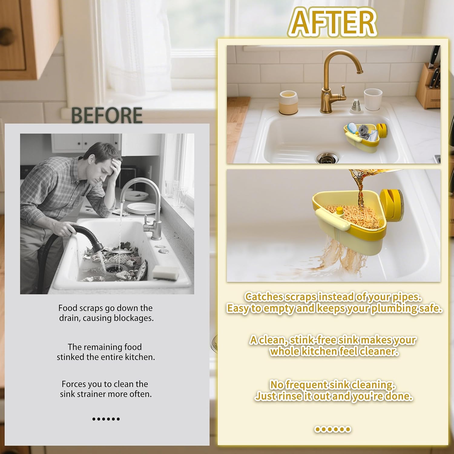 Sink Strainer Basket | Suction Cup Press Sink Drainer Basket | Automatic Dumping Sink Strainer Basket | Faucet Sponge Storage Rack | Corner Sink Trash Catcher for Food Waste (Yellow)