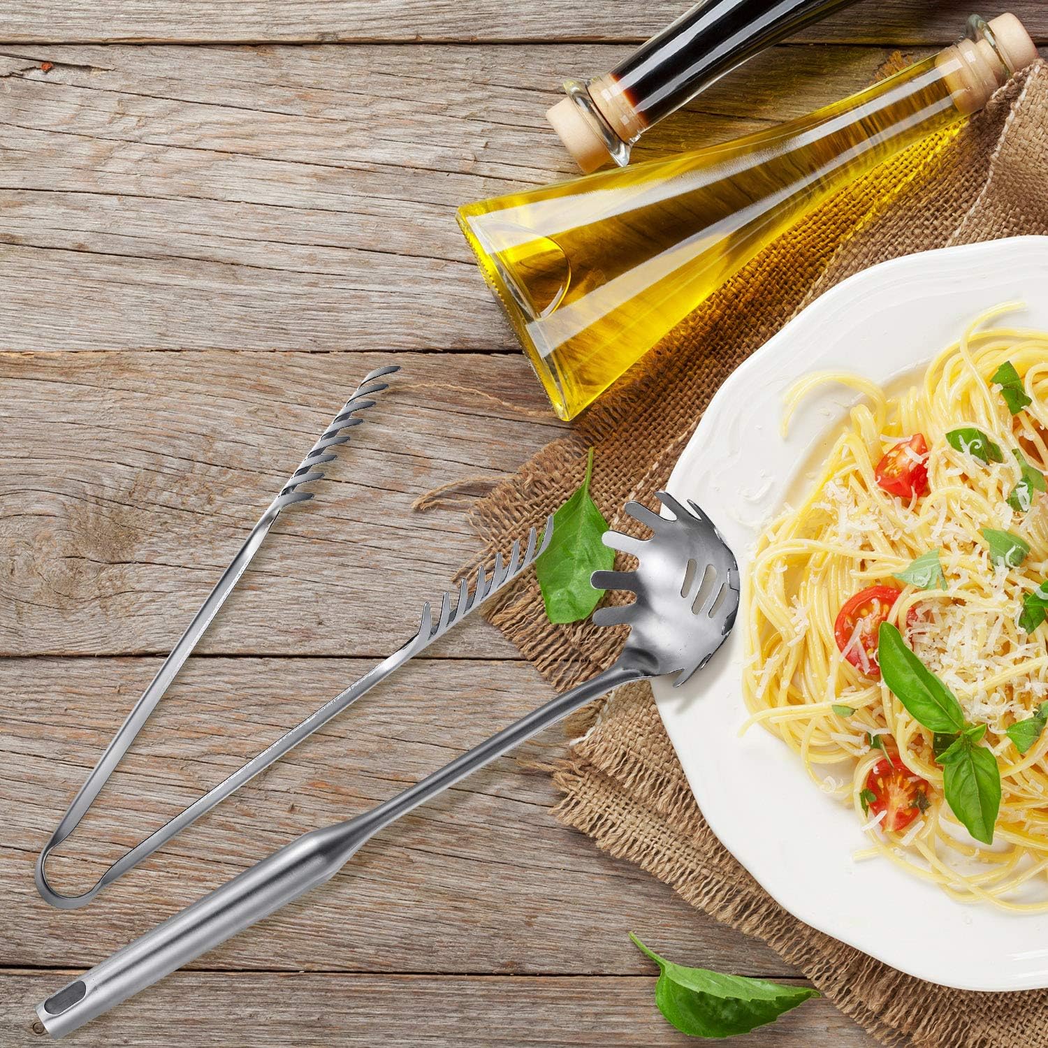 Patelai 2 Pcs Stainless Steel Pasta Spoon with Teeth Large Spaghetti Utensil, 9.4'' Tong and 13.6'' Pasta Fork with Vacuum Handle, Comfortable Grip Design Spoons for Kitchen(Sliver)