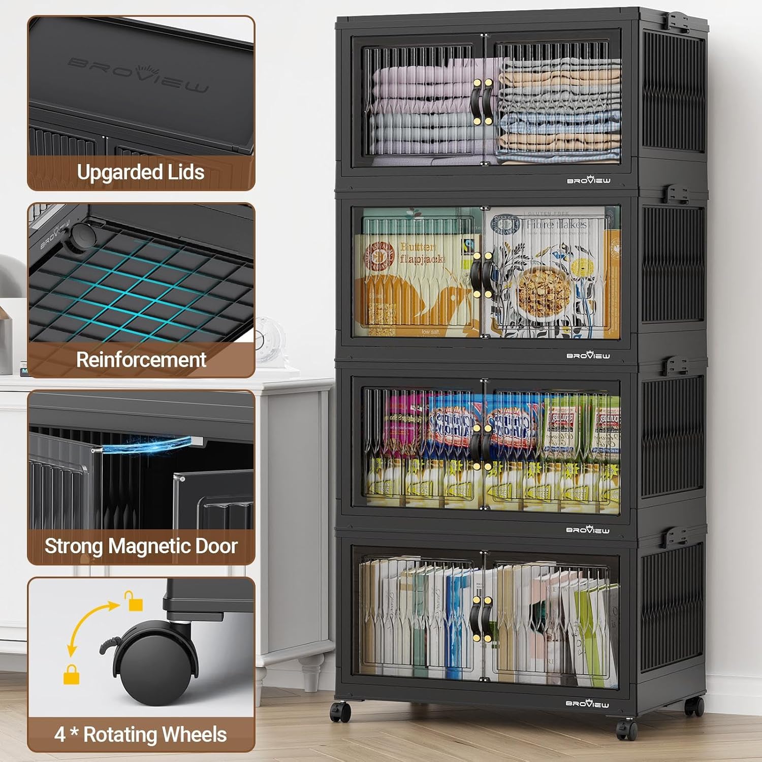 360Qt Stackable Storage Bins with 3 Lids, Extra Large Closet Organizer Collapsible Drawer Boxes with Wheels, Folding Plastic Cabinet Containers for Home Kitchen Room Organization, 3Pack Black