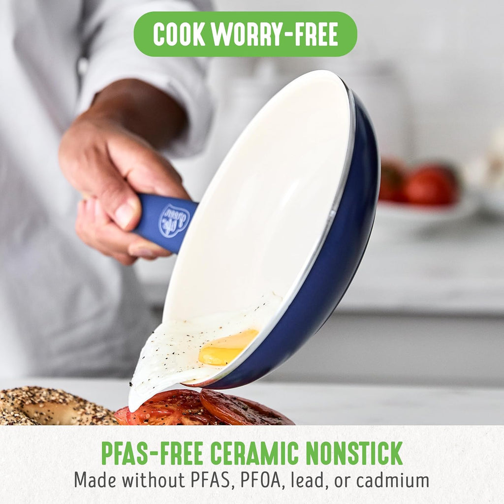 GreenLife 16 Piece Nonstick Cookware Set, Soft Grip Non-Toxic PFAS-Free Ceramic Pots & Pans, Dishwasher & Oven Safe, Frying, Sauce, Saute, Utensils, Glass Lids, Stay-Cool Handles, Wobble Free, Blue