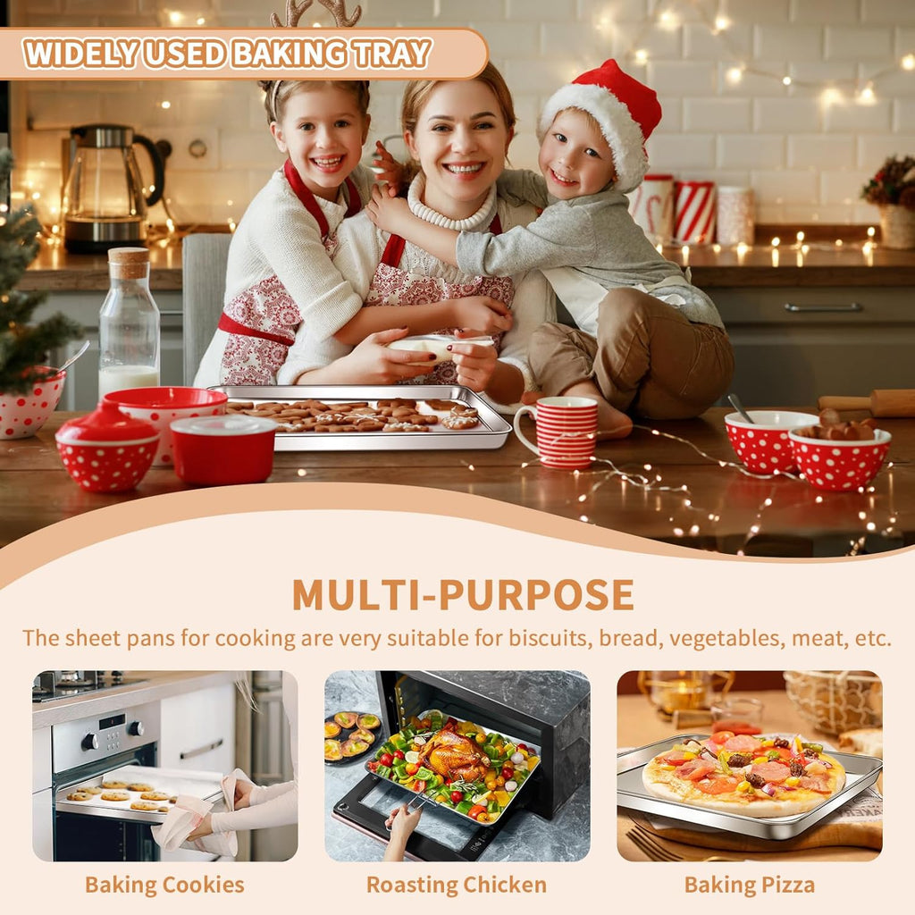 Stainless Steel Baking Sheet Set of 2, Deedro Cookie Sheet Metal Baking Pan Oven Tray, Non Toxic & Heavy Duty, Rust Free & Mirror Finish, Easy Clean & Dishwasher Safe, 17.3 x 12.3 x 1 Inch