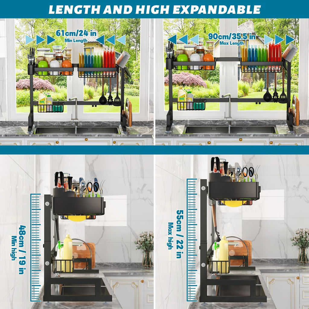 ADBIU Fit Sink 24.5"- 35.5" L Over Sink Dish Drying Rack (Expandable Dimension) Snap-On Design 2 Tier Large Kitchen Dish Rack Stainless Steel Counter Organization and Storage