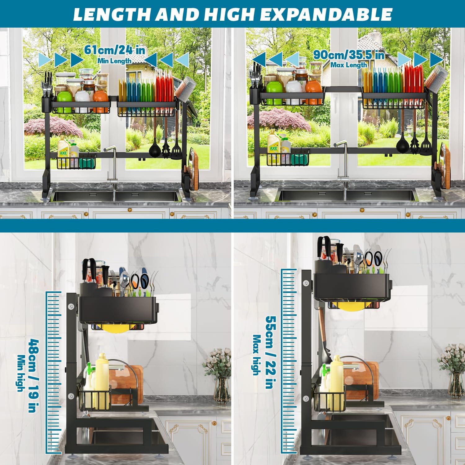 ADBIU Fit Sink 24.5"- 35.5" L Over Sink Dish Drying Rack (Expandable Dimension) Snap-On Design 2 Tier Large Kitchen Dish Rack Stainless Steel Counter Organization and Storage