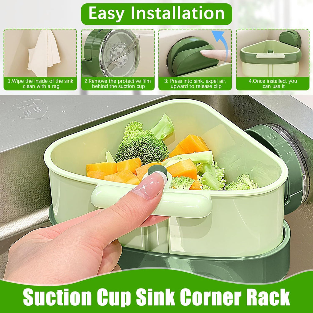Suction Cup Sink Corner Rack, 2025 New Upgraded Suction Cup Press Triangular Drainer Basket, Automatic Dumping Sink Strainer Basket, Hanging Corner Sink Trash Catcher for Kitchen Food Waste (Green)