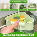 Suction Cup Sink Corner Rack, 2025 New Upgraded Suction Cup Press Triangular Drainer Basket, Automatic Dumping Sink Strainer Basket, Hanging Corner Sink Trash Catcher for Kitchen Food Waste (Green)