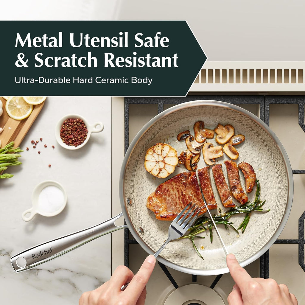 Redchef Non Stick Frying Pans, Hybrid Ceramic Frying Pan, Nonstick Skillet with Stay-Cool Handle, Non Toxic, PFAS PFOA & PTFE Free, Dishwasher & Oven Safe, Compatible with All Cooktops (8+10+12 inch)