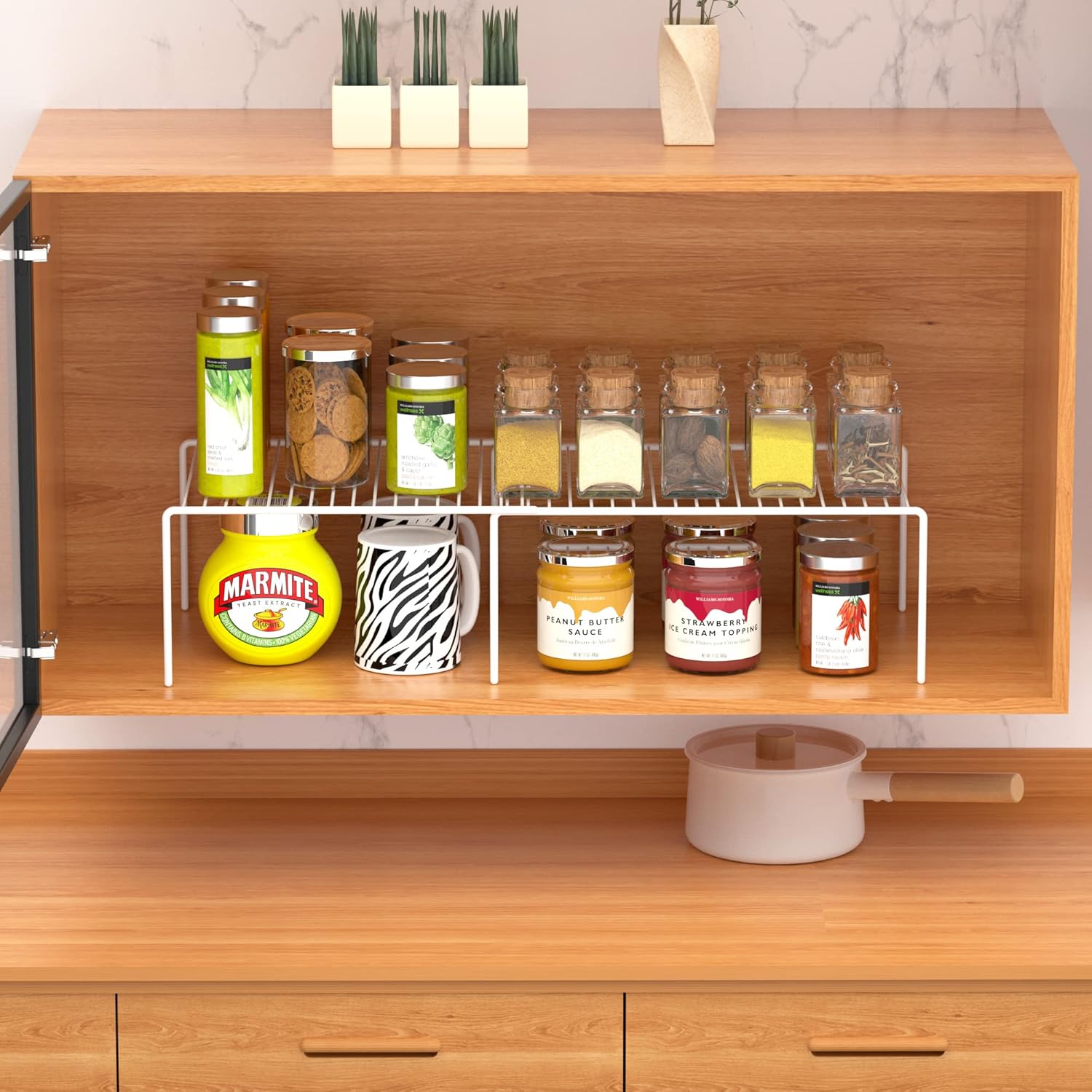 Redrubbit Cabinet Storage Shelf Rack, Expandable Metal Rustproof Kitchen Counter and Cabinet Shelf, Storage Rack Organizer Space Saver for Kitchen, Fridge, Cabinet, Bathroom, White
