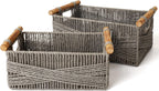 LA JOLIE MUSE Wicker Storage Baskets for Organizing, Recyclable Paper Rope Basket with Wood Handles, Decorative Hand Woven Basket Organizers for Makeup Books Shelves Living Room, Grey, Set of 2