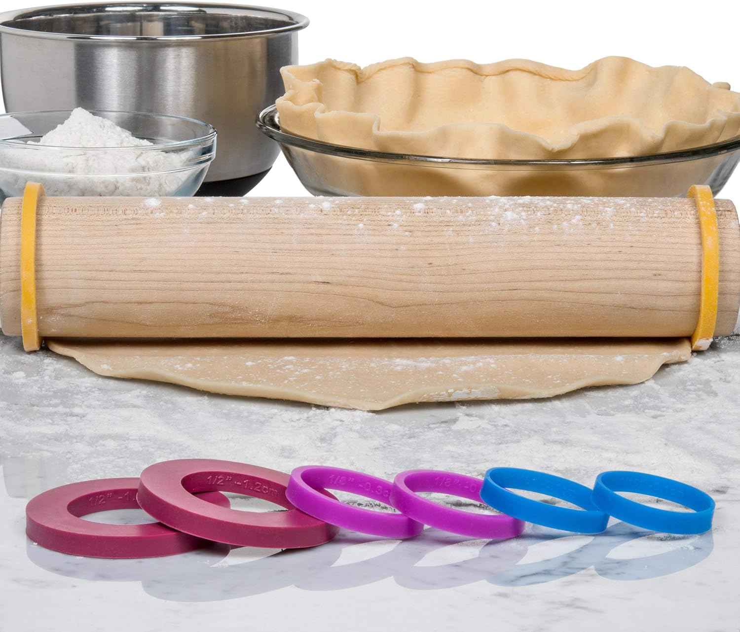 GreenOlive Rolling Pin Guide Ring Spacer Bands (8 Piece Set) Multicolored Flexible Silicone Slip On Baking Accessories Fit 1 3/4” to 2” Wide Dough Rollers