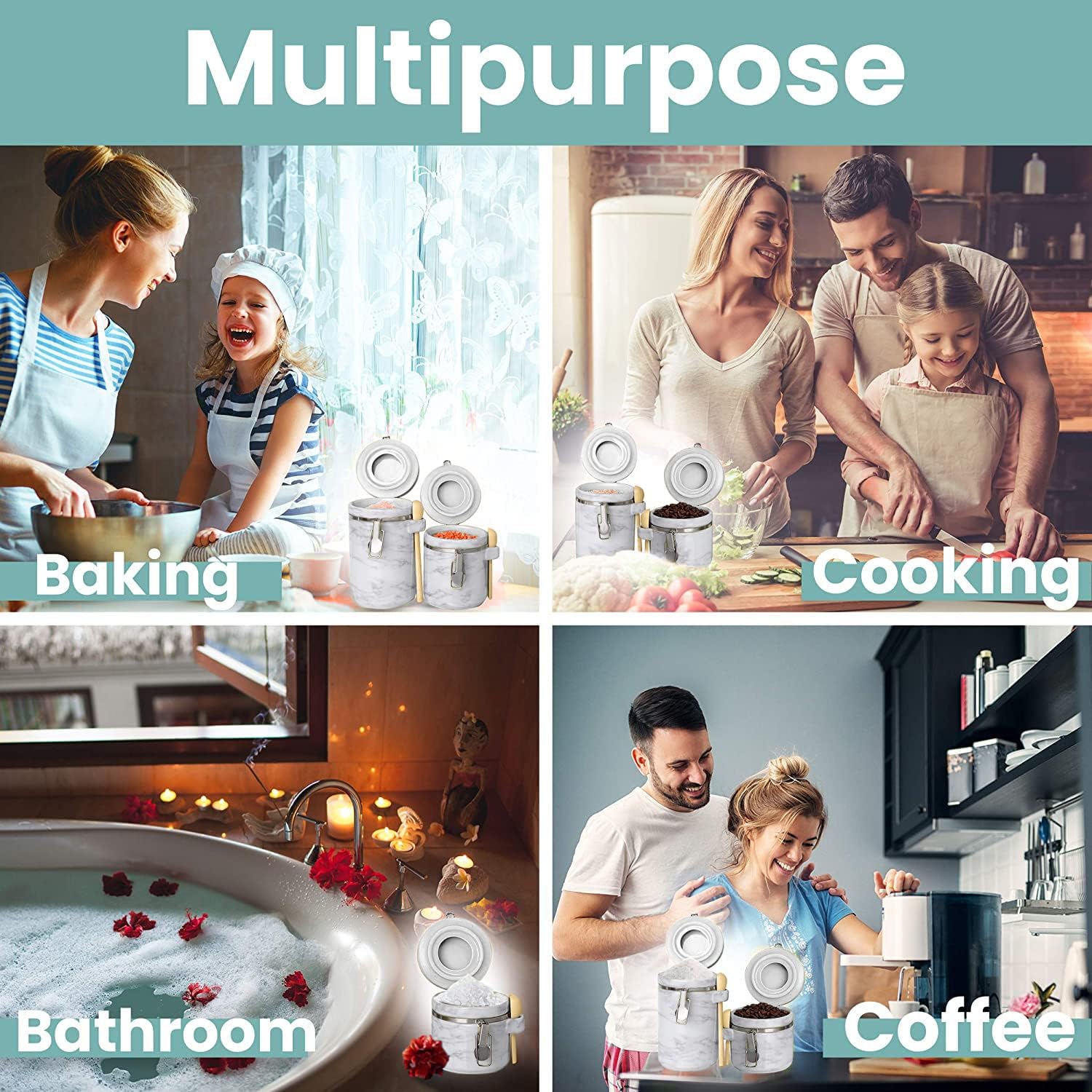 Home Intuition 4-Piece Ceramic Kitchen Canisters Set, Airtight Containers with Wooden Spoons Reusable Chalk Labels and Marker for Sugar, Coffee, Flour, Tea (White Marble)
