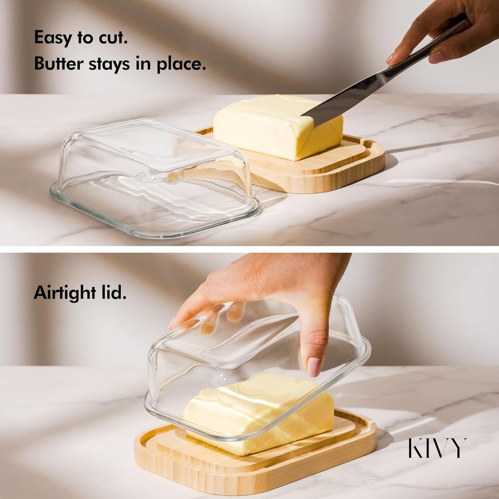 KIVY Large Butter Dish with Lid - Fits 2 Butter Sticks and Wider Sizes (Kerrygold, European Styles, Eastern, Western) - 2 Stick Butter Dish - Glass & Bamboo