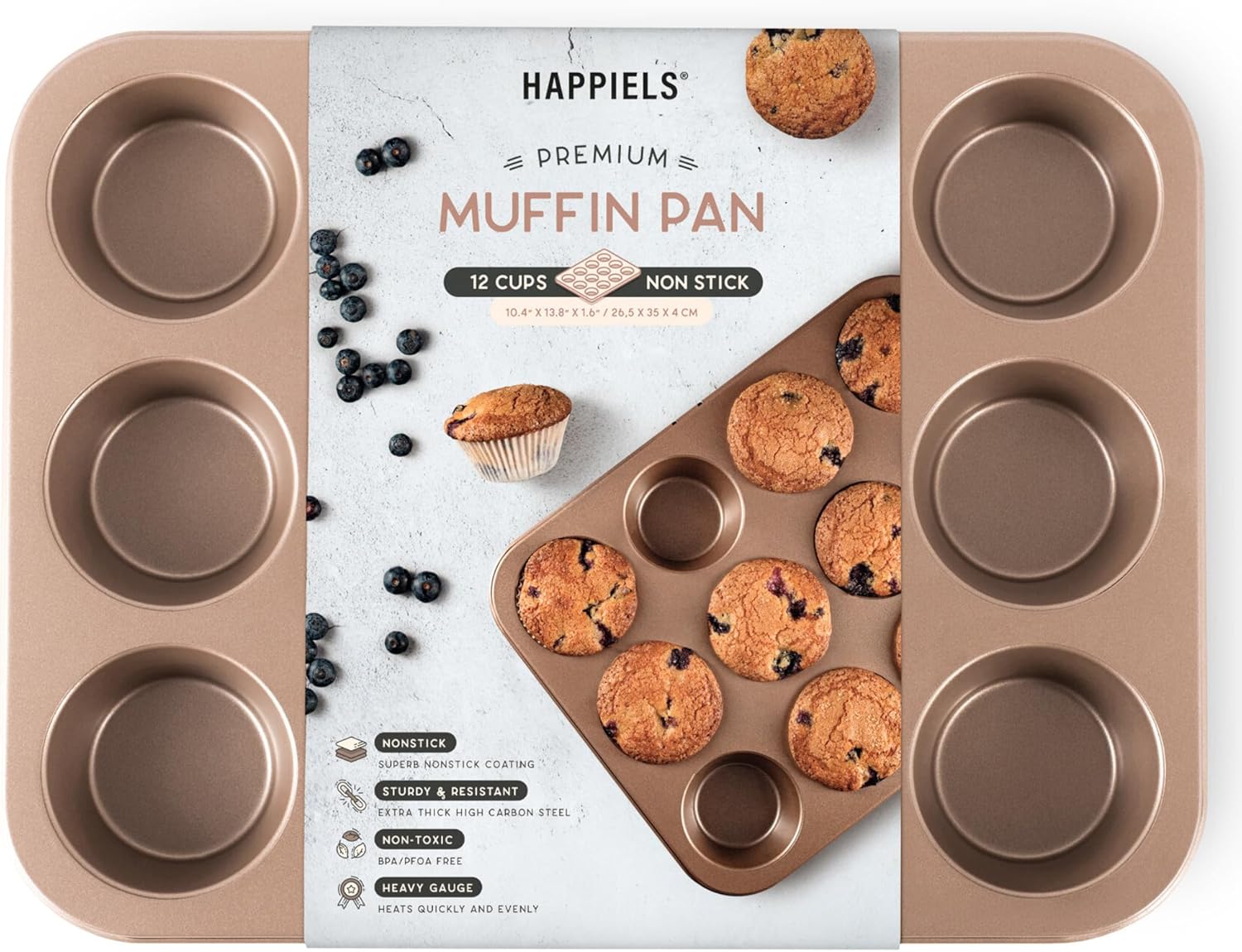 Non Toxic Nonstick 12 Cup Muffin Pan | PFOA BPA free Nontoxic Cupcake Tin | Best Non Stick Muffin Pans | Muffin tins | Cupcakes Tray | Carbon Steel Bakeware Mold Trays
