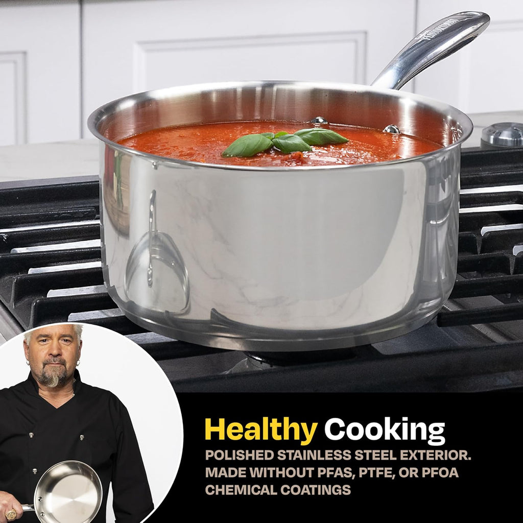 Guy Fieri's Flavortown 3.2-Quart Stainless Steel Sauce Pan with Tempered Glass Lid - Kitchen Cookware with Tri-Ply Base, Oven Safe to 500°F, Dishwasher Friendly, Works with Gas & Induction Cooktops