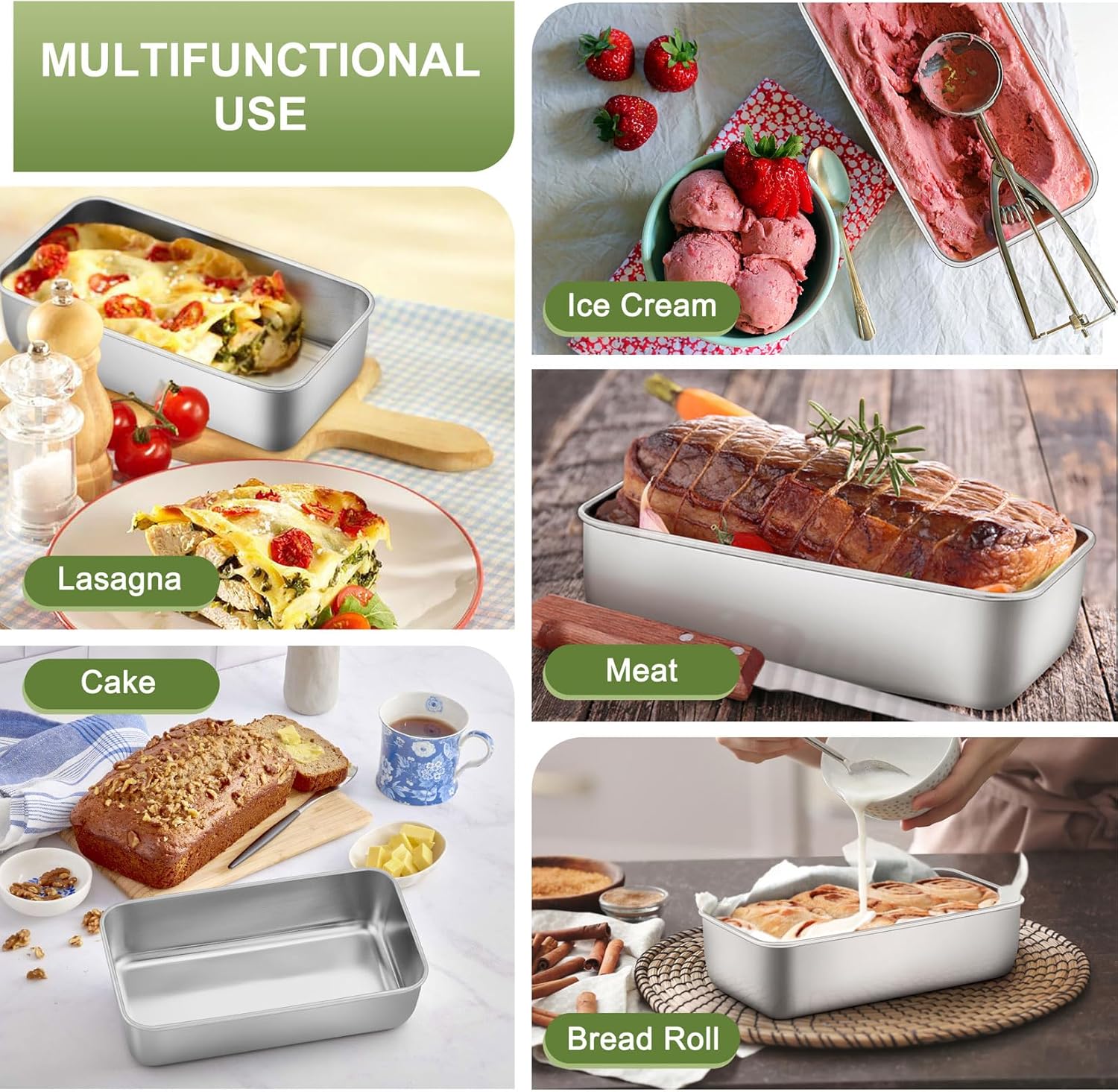 P&P CHEF Loaf Pan Set, 9 x 5 Inch Bread Pans, Stainless Steel Loaf Toast Baking Pans For Bread Meatloaf Lasagna Cake, Healthy & Non Toxic, Oven & Dishwasher Safe,(Silver, 4Pcs)