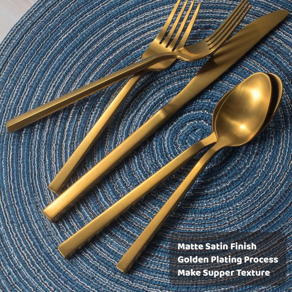 Alata Cube Gold 20-Piece Flatware Set, Forged Cutlery Set, Matte Gold Silverware Service for 4, Stainless Steel Tableware with Square Handle for Home/Restaurant, Dishwasher Safe