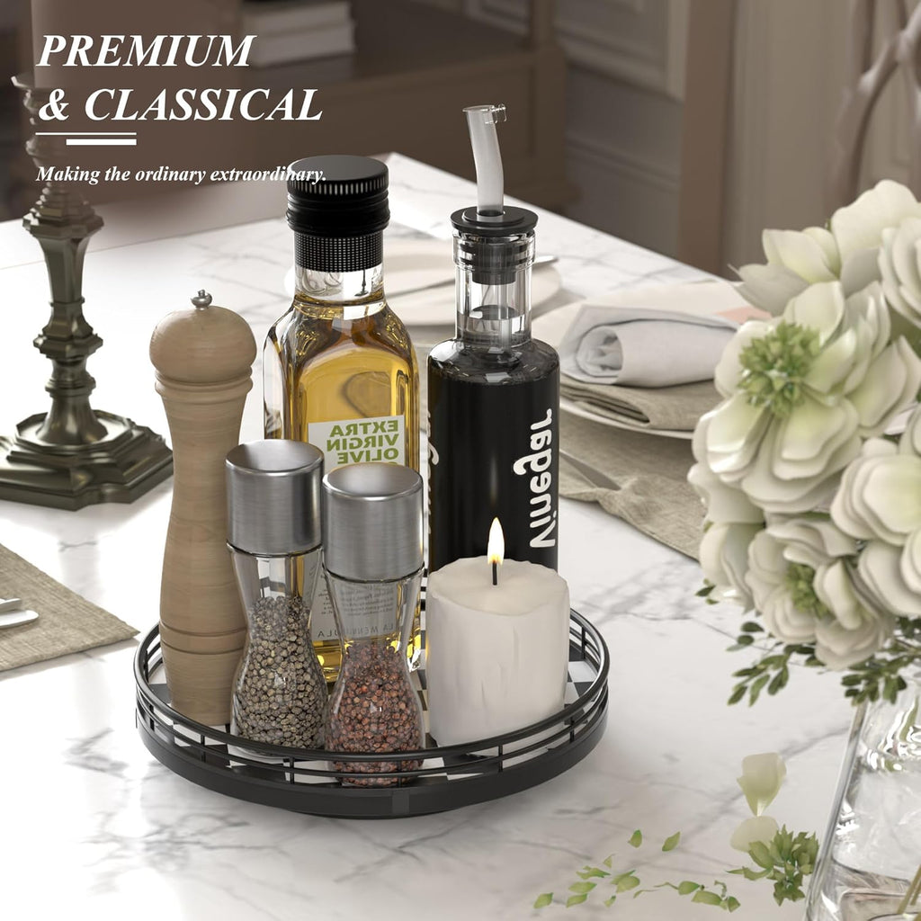 Black and White Kitchen Lazy Susan Turntable – Checkered Round Decorative Tray, 9" Table Top Oak Wood Lazy Susan for Cookies, Dining Table Organizer, Small Kitchen Table Centerpiece