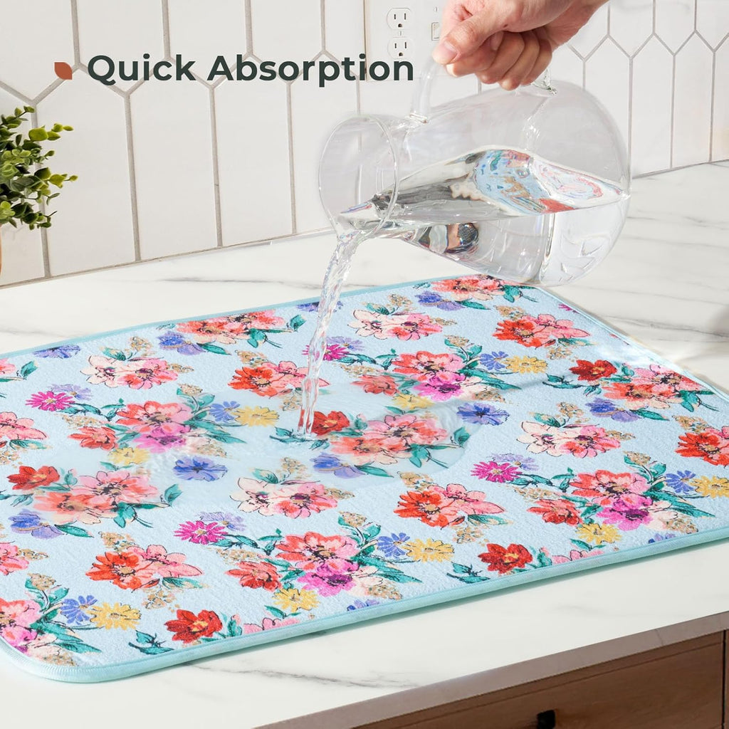 FRESHMINT Printed Dish Drying Mats for Kitchen Counter 2 Pack Absorbent Reversible Drying Mats Microfiber Kitchen Countertop Protector Dishes Drying Pad Extra Large 18"x16" Dish Mat