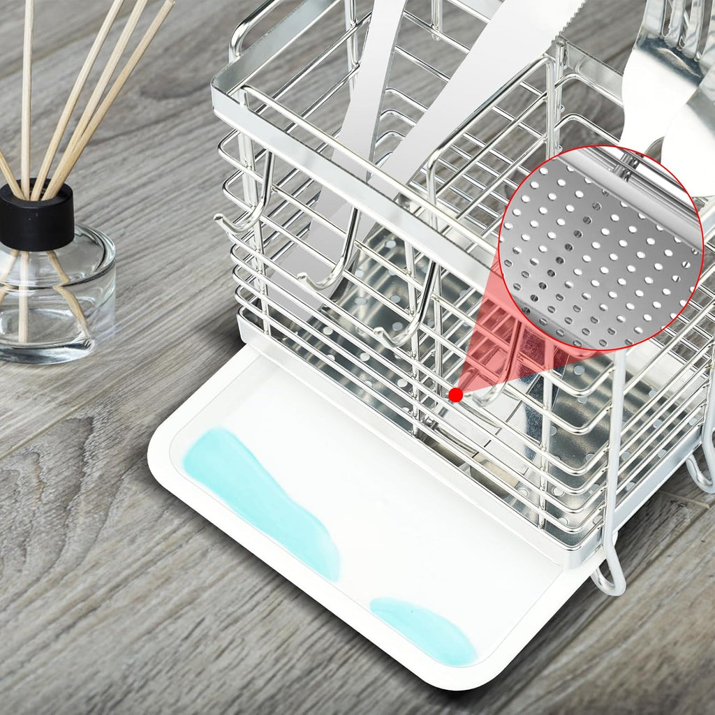 Utensil Holder, Stainless Steel Utensil Drying Rack with Drain Tray, Kitchen Counter Drainer Basket Silverware Cutlery Flatware Holder Forks, Knives, Spoons, Chopsticks Organizer (Silver)