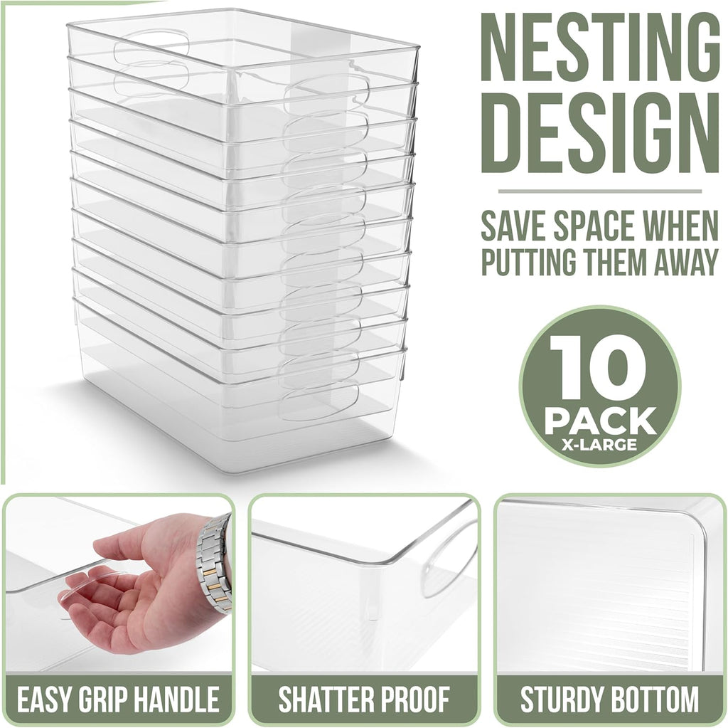 Sorbus 10-Pack XL Clear Plastic Organizing Bins – Clear Bins for Organizing, Refrigerator Organizers, Fridge Organizer, Pantry Storage, Kitchen Organizer, and Pantry Organizers and Storage Bins