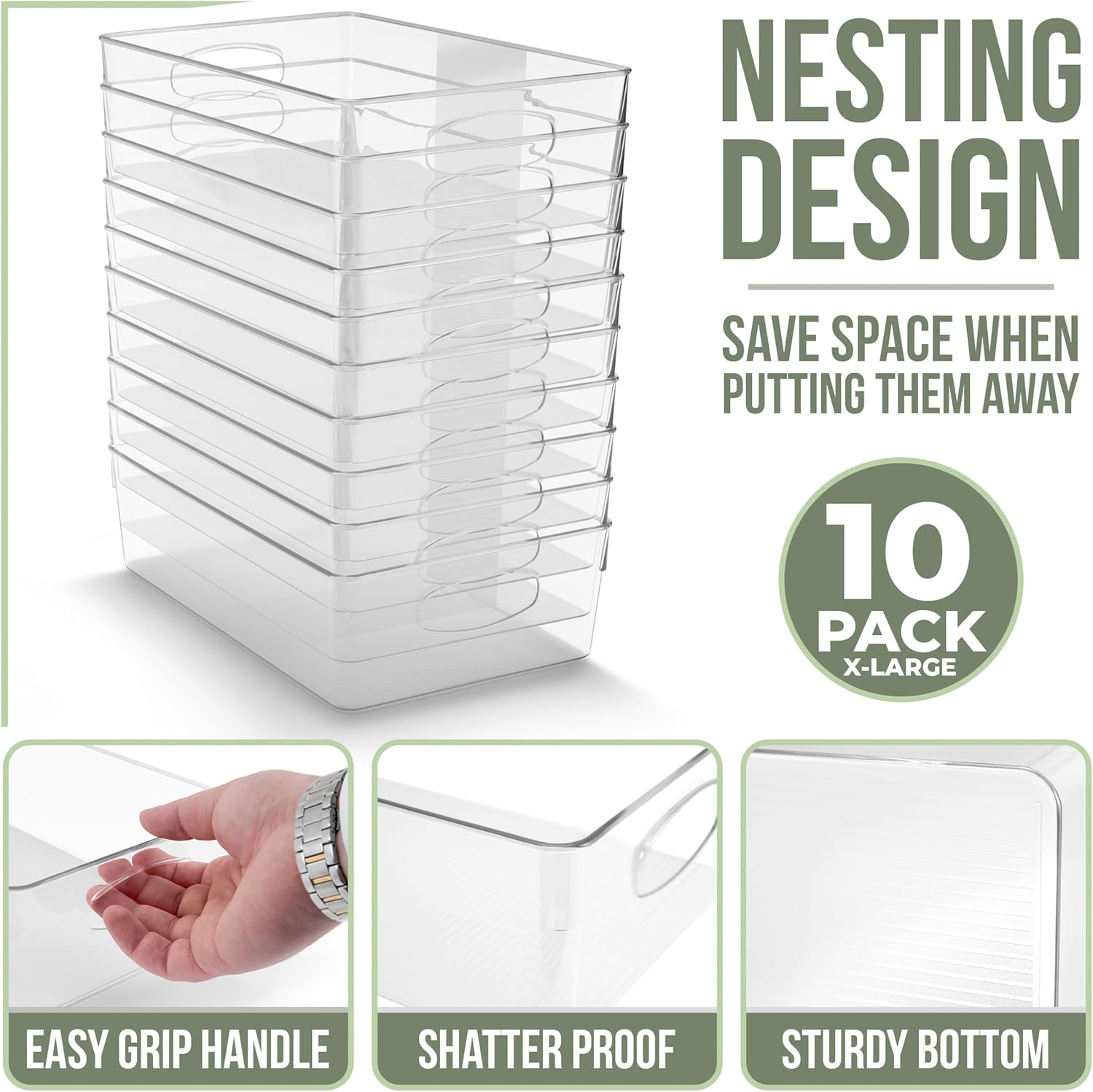 Sorbus 10-Pack XL Clear Plastic Organizing Bins – Clear Bins for Organizing, Refrigerator Organizers, Fridge Organizer, Pantry Storage, Kitchen Organizer, and Pantry Organizers and Storage Bins