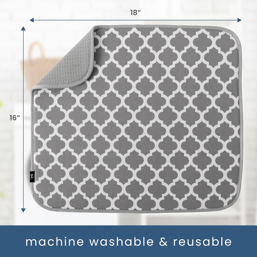 S&T INC. Dish Drying Mat, 16” x 18”, Absorbent Microfiber Kitchen Counter Mat, Dish Drying Pad for Dishes, Utensils, Pots and Pans, Large, White Trellis