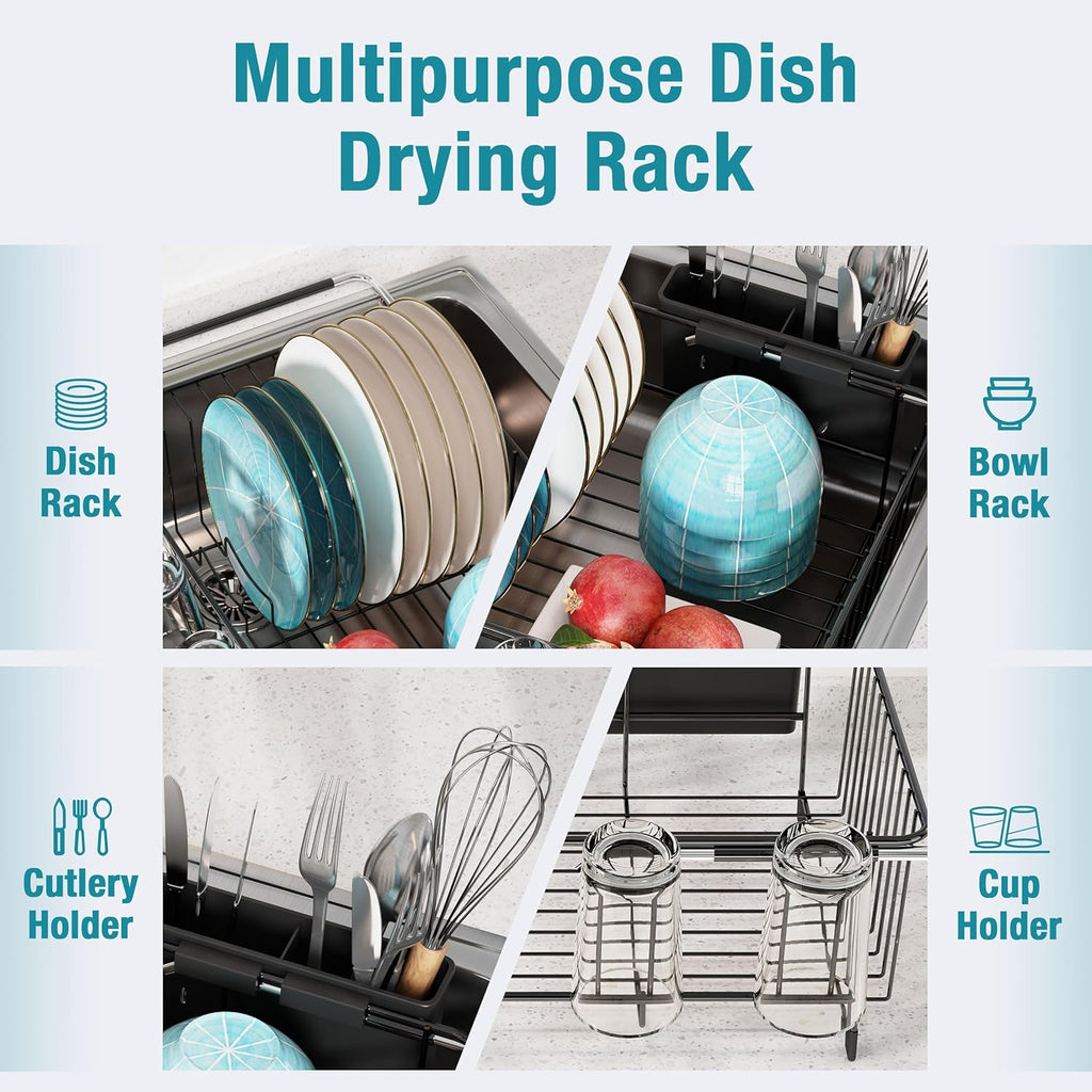 JASIWAY Dish Drying Rack in Sink, Over The Sink Colander Strainer Basket, Stainless Steel Strainer Basket with Expandable Rubber Grip Handles for Vegetables, Fruits, Home Kitchen Essentials, Black