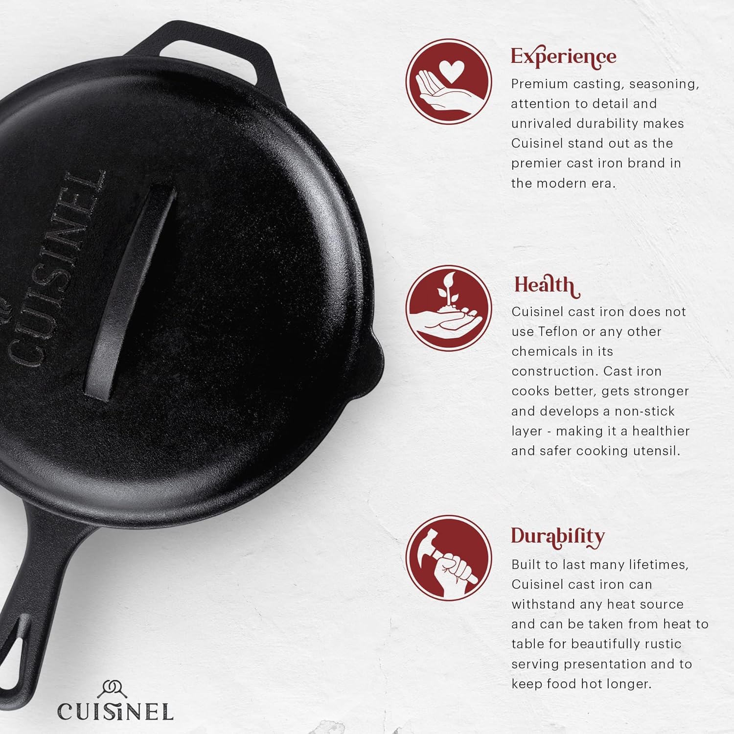 Cuisinel Cast Iron Skillets Set with Lids - 8"+10"+12"-inch Pre-Seasoned Covered Frying Pan Set + Silicone Handle and Lid Holders + Scraper/Cleaner - Use Cookware Indoor/Outdoor, Oven, Stovetop, Fire