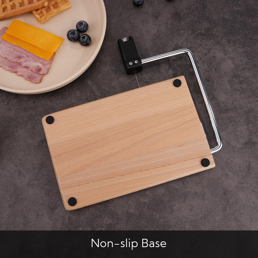 KITCHENDAO Replaceable Wire Cheese Slicer with Board, Tightness Adjustable Cheese Slicer, Beech Wood Cheese Cutter for Block Cheese, Easy to Replace, with 2 Extra Upgrade Strong Wires