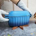 Dutch Oven Enameled Cast Iron Bread Pan with Lid Sourdough Loaf Pans for Baking Bread Large Heavy Oval Bread Dutch Oven with Movable Handle 4 Qt Blue Dishwasher Safe