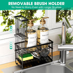 Sponge Holder for Kitchen Sink, 2 Tier Sink Caddy Organizer with High Brush Holder, Self-Draining Sponge Holder for Sinks, Soap Dispenser Organizer, Rustproof 304 Stainless Steel, Black