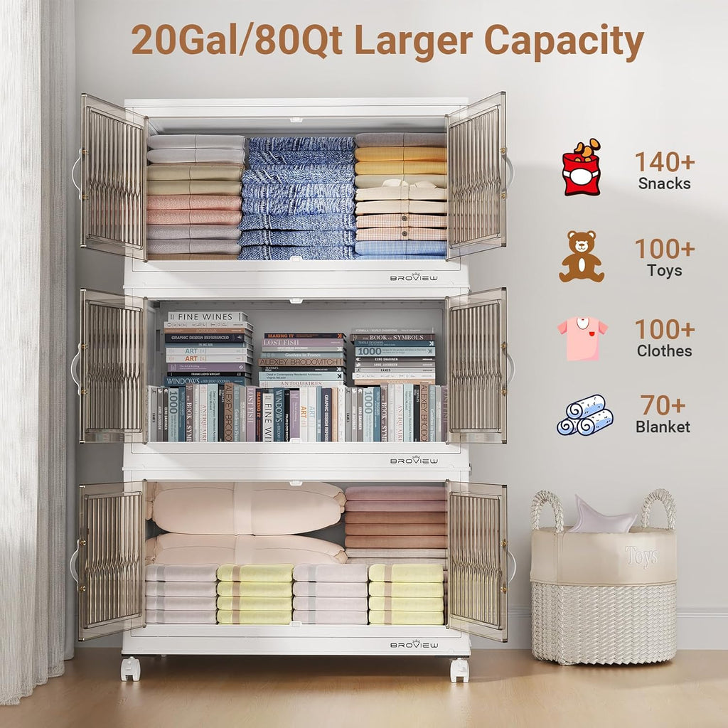320Qt Stackable Storage Bins with Lid, Extra Large Closet Organizer Collapsible Drawer Boxes with Wheels, Folding Plastic Cabinet Containers for Home Kitchen Room Organization, 4Pack White