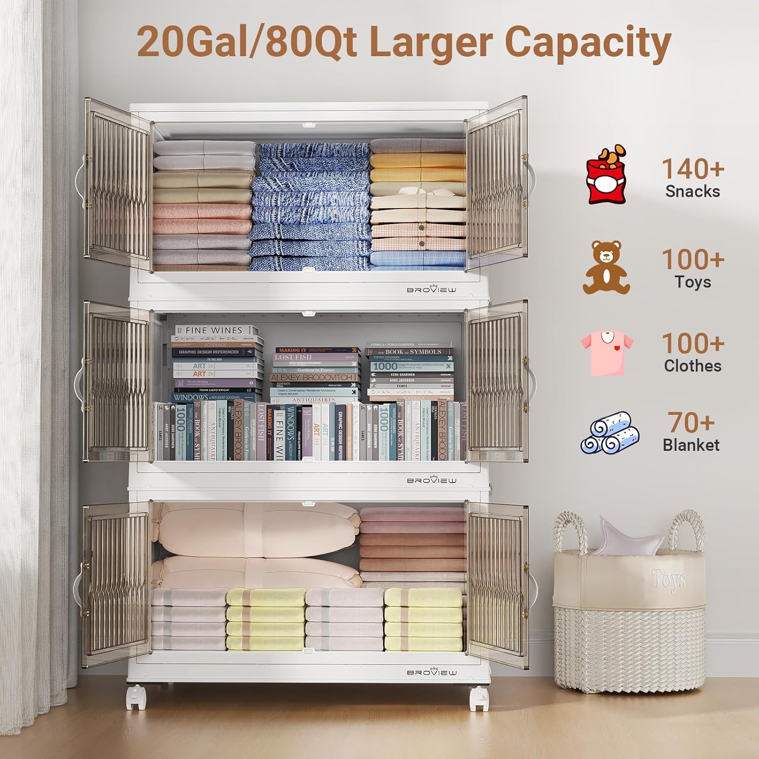 320Qt Stackable Storage Bins with Lid, Extra Large Closet Organizer Collapsible Drawer Boxes with Wheels, Folding Plastic Cabinet Containers for Home Kitchen Room Organization, 4Pack White