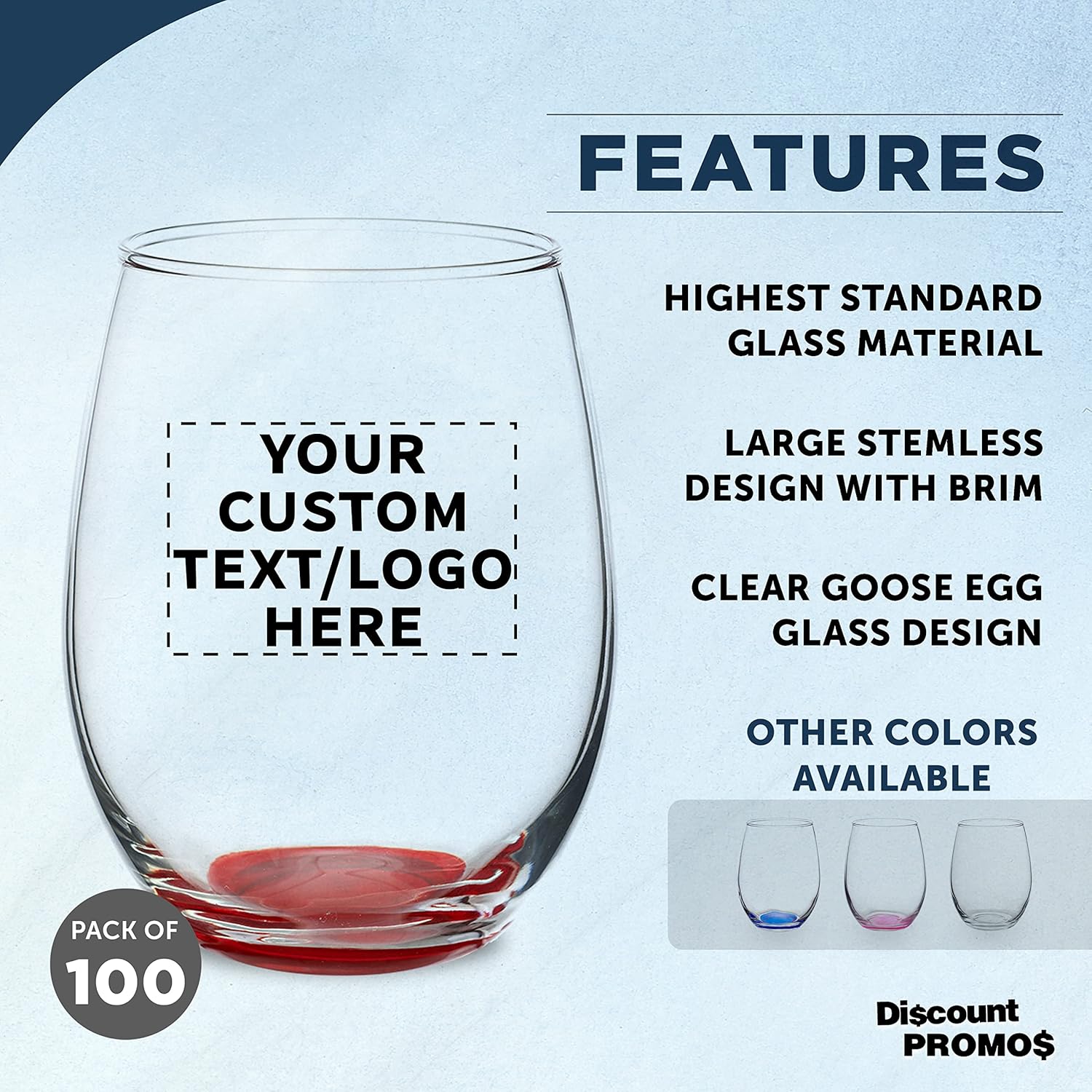 Custom Stemless Wine Glasses in Bulk by ARC Perfection, 15 oz, 100 pack, Personalized Text, Logo, Red or White Wine Glass Set, Red