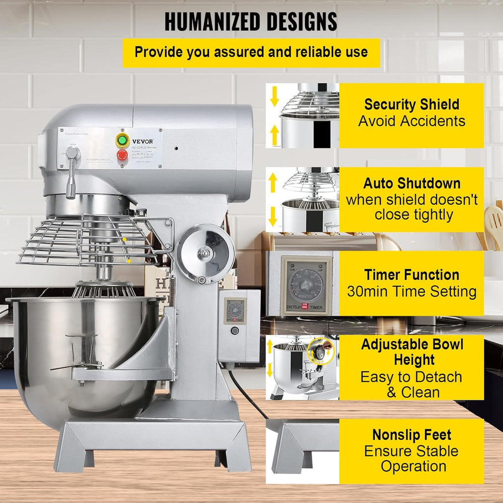 Happybuy 20Qt Commercial Food Mixer with Timing Function， Commercial Mixer 1100W Stainless Steel Bowl Heavy Duty Electric Food Mixer Commercial with 3 Speeds Adjustable, Perfect for Bakery Pizzeria