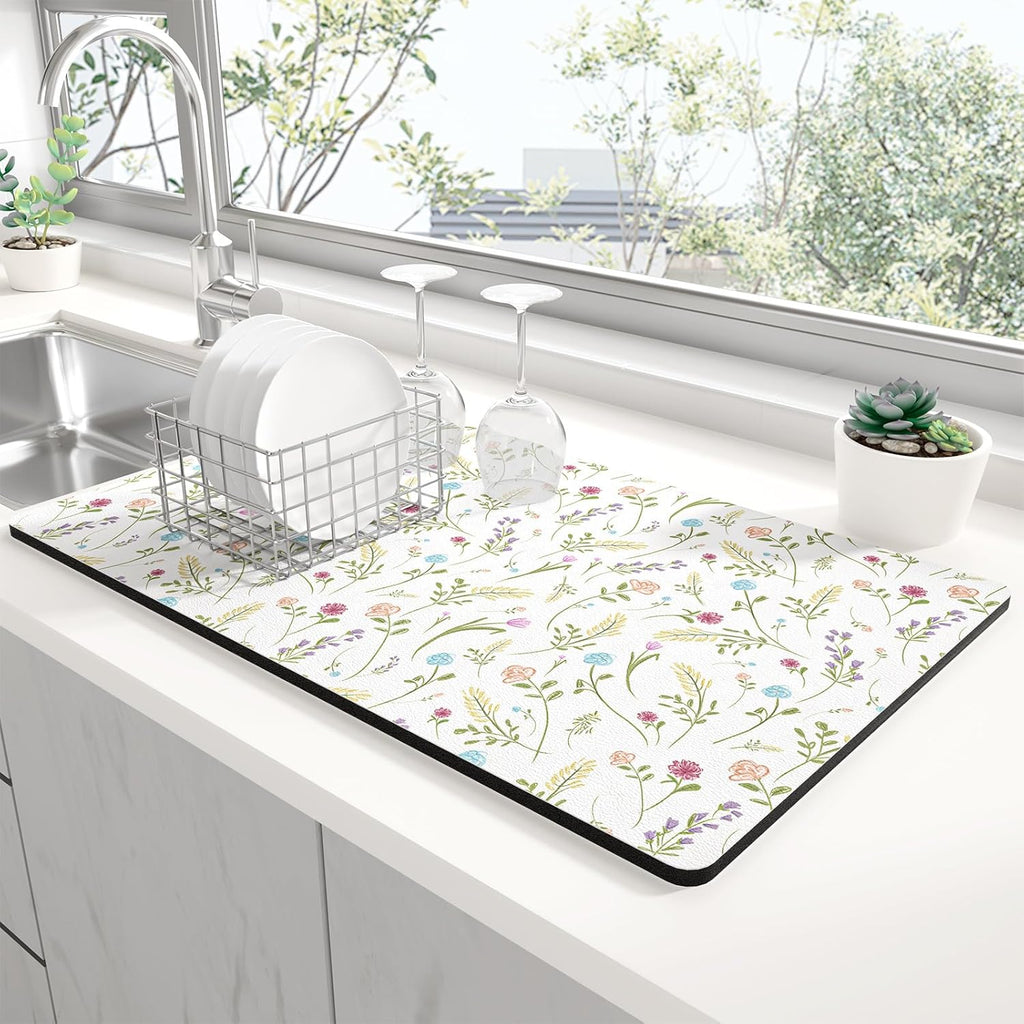 Rnivvi Dish Drying Mat for Kitchen Counter, XL 15 x 24" Cute Flower Theme Absorbent Draining Pad, Non-Slip Heat Resistant Coffee Bar Mat for Coffee Machine Station Accessories, White Dish Rack Pad