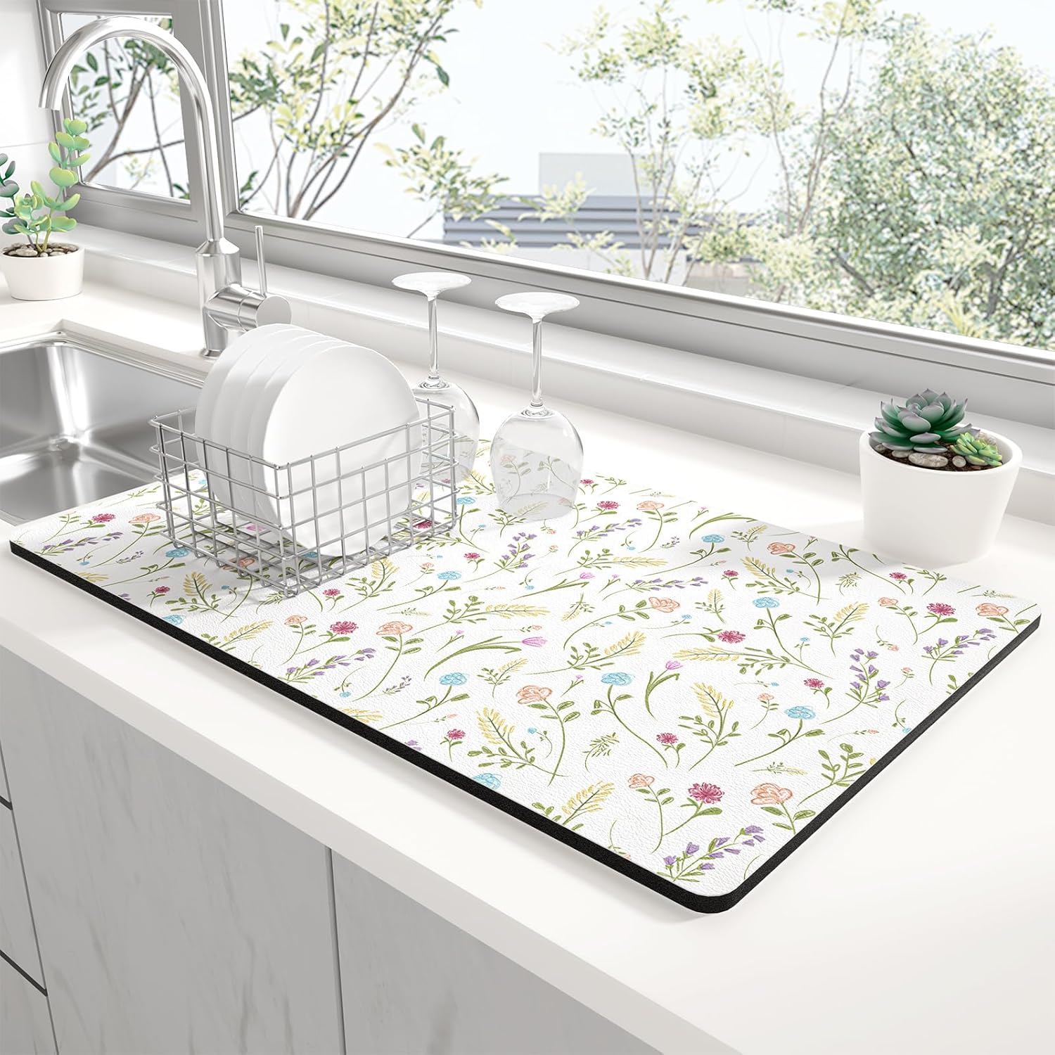 Rnivvi Dish Drying Mat for Kitchen Counter, XL 15 x 24" Cute Flower Theme Absorbent Draining Pad, Non-Slip Heat Resistant Coffee Bar Mat for Coffee Machine Station Accessories, White Dish Rack Pad