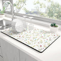 Rnivvi Dish Drying Mat for Kitchen Counter, 12 x 19" Cute Flower Theme Super Absorbent Draining Pad, Non-Slip Heat Resistant Coffee Bar Mat for Coffee Machine Station Accessories, White Dish Rack Pad