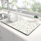 Rnivvi Dish Drying Mat for Kitchen Counter, 12 x 19" Cute Flower Theme Super Absorbent Draining Pad, Non-Slip Heat Resistant Coffee Bar Mat for Coffee Machine Station Accessories, White Dish Rack Pad