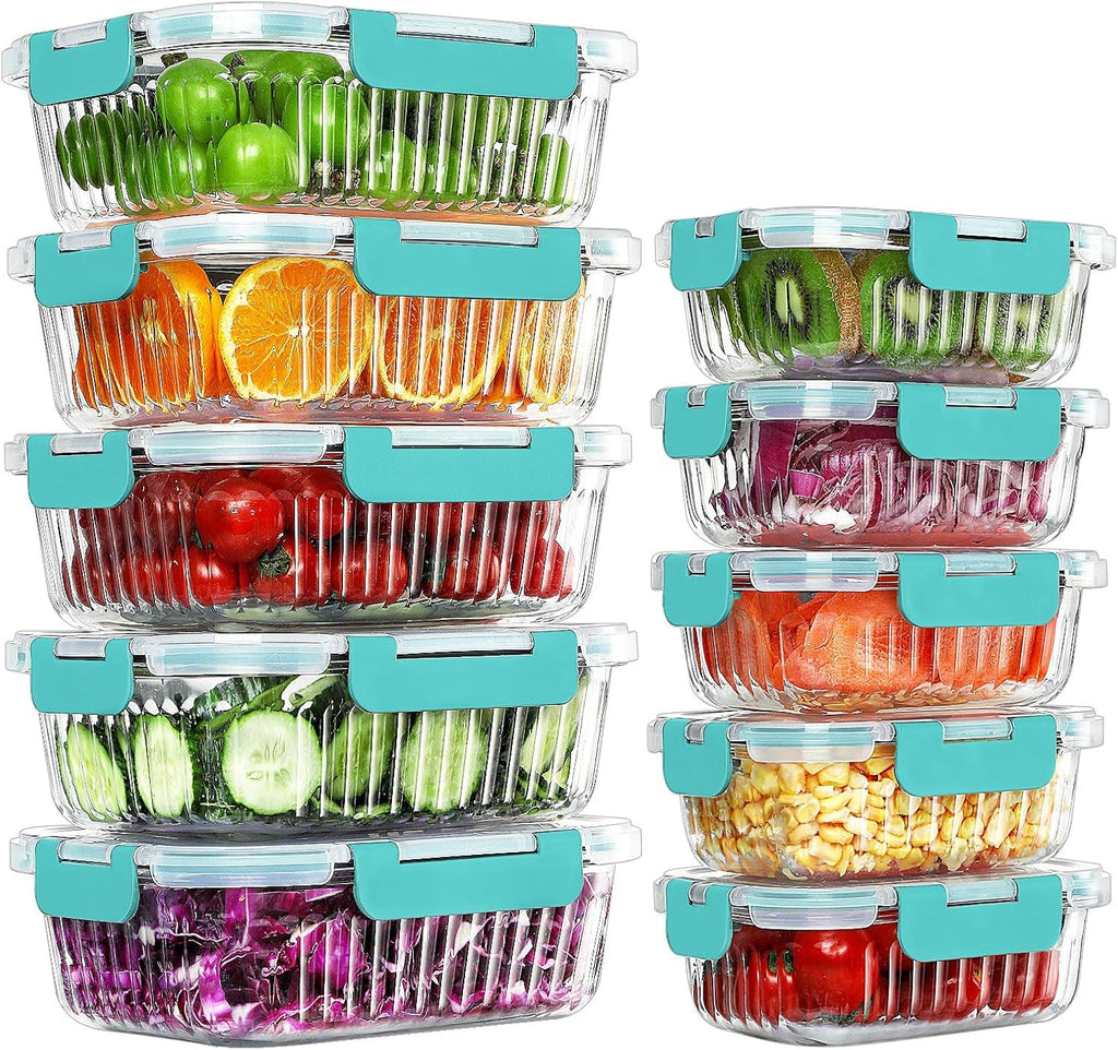 KOMUEE 10 Packs Glass Meal Prep Containers with Lids, Glass Food Storage Containers Set, Airtight Lunch Containers, Microwave, Oven, Freezer and Dishwasher Safe, Green
