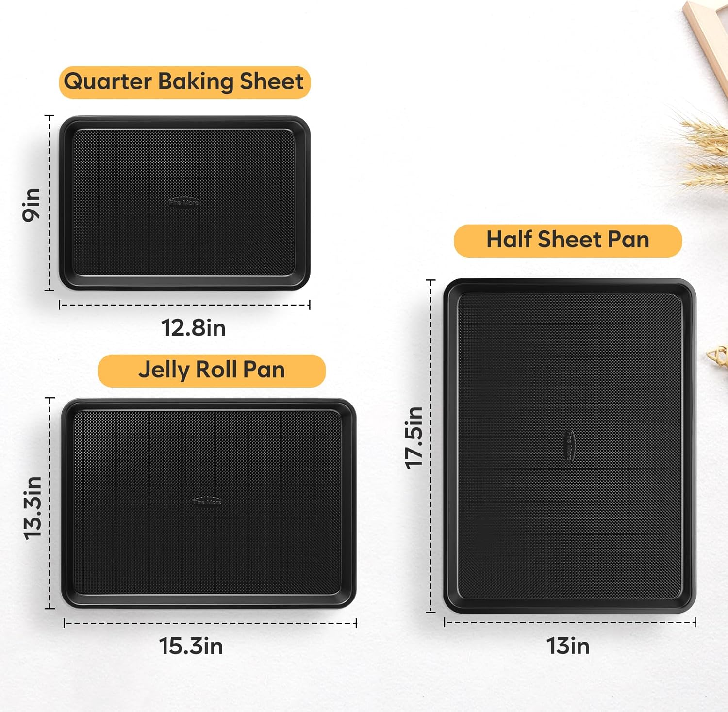 Baking Sheet Pan Set of 3, Thicker Carbon Steel Cookie Sheets for Baking Non Stick with Diamond Texture Pattern, Ceramic Half/Quarter/Jelly Roll Baking Trays for Oven