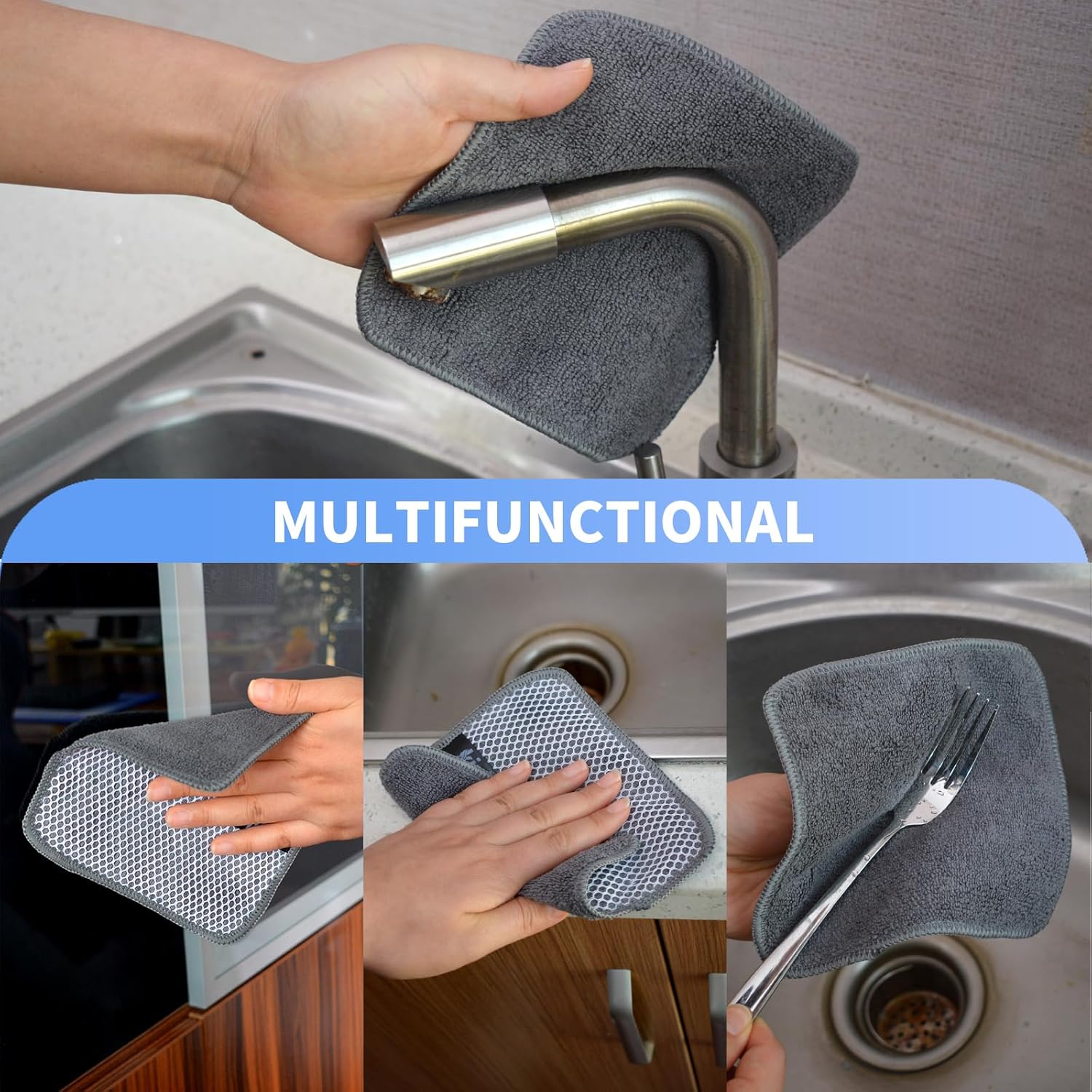 KinHwa Kitchen Washcloths for Dishes Absorbent Microfiber Dish Cloths Quick Dry Dish Rags with Poly Scour Scrub Side Ideal for Kitchen Cleaning (Gray, 6inch X6inch 9Pack)