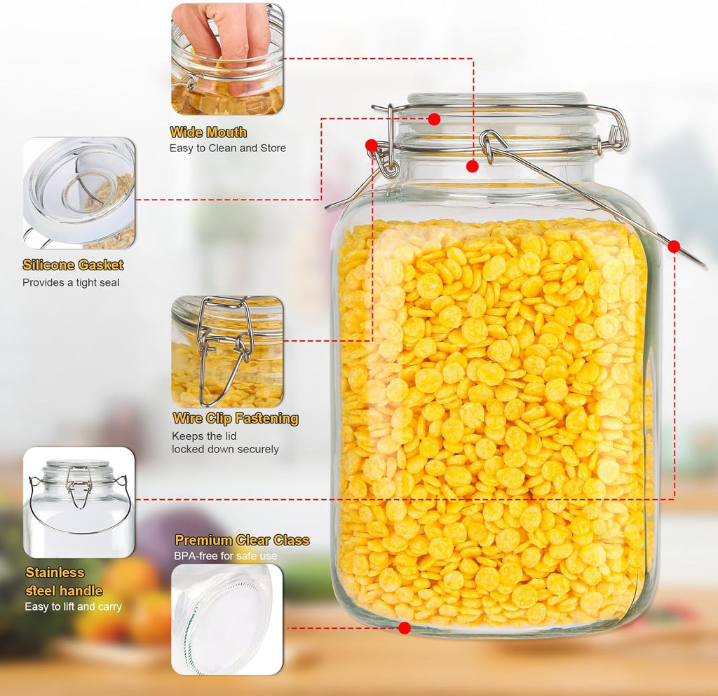 1 Gallon Airtight Glass Food Storage Jars Set of 2 with Lids, Extra Large Glass Storage Containers with Handle for Flour, Cereal, Coffee and Canning, Square Mason Jars with 8 Chalkboard Labels