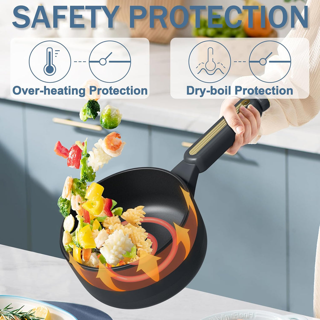 TOPWIT Hot Pot Electric with Steamer, 2L Multifunctional Electric Pot, Non-Stick Sauté Pan, Portable Pot for Steak, Fried Rice, Ramen, Soup with Dual Power Control (Silicone Spatula Included), Grey