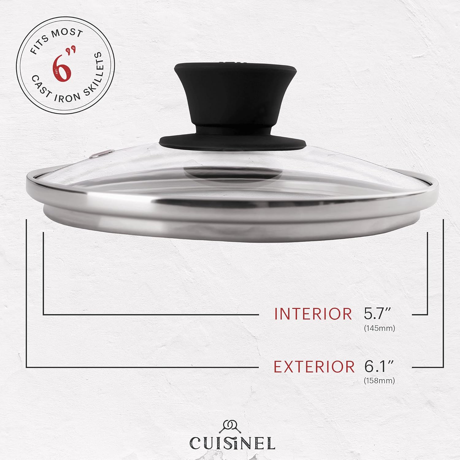 Glass Lid with Steam Vent Hole - 6"-Inch/15.24cm - Compatible with Lodge Cast Iron Skillet Pan - Fully Assembled Universal Replacement Cover - Tempered and Oven Safe - Reinforced Stainless Steel Rim