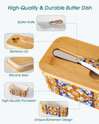 vancasso SIMI Butter Dish with Lid, 6.5" Large Butter Dish for Countertop, Bohemian Ceramic Butter Keeper Container with Knife and Bamboo Lid, Butter Holder for Counter, Amber Elegance